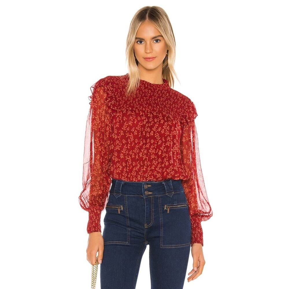 Free People Women's Floral Roma Blouse Tie Closure Long Sleeve Red Size Medium